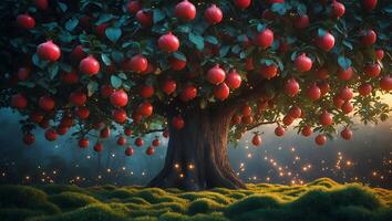 Abundant Apple Tree with Lush Green Grass and Glowing Lights photo