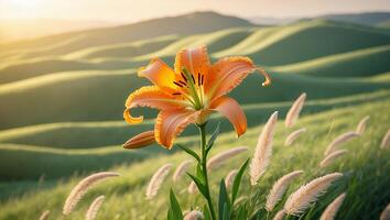 Orange Lily Flower Blooming in a Green Field Under Sunset Light photo