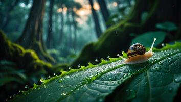 Snail Crawling on Wet Leaf in Lush Green Forest During Rain photo