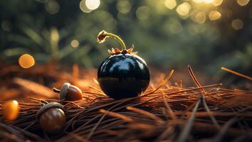 Shiny Berry and Acorns on Pine Needles with Bokeh Background photo
