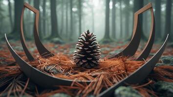Pinecone in Forest Setting with Metallic Frame and Fallen Needles photo