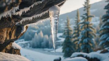 Icicle Hanging From Rock Formation in Snowy Winter Landscape photo