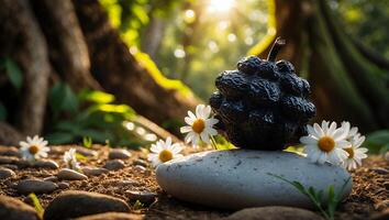 Black Fruit Resting on Stone with Daisies in a Forest photo