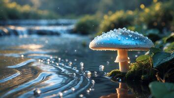 Mushroom with Dewdrops in Forest Stream Creates Tranquil Nature Scene photo