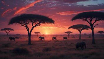 Elephants Walking Across African Savannah at Sunset with Acacia Trees photo