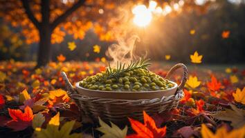 Beans in Basket with Rosemary, Falling Autumn Leaves and Sunlight photo