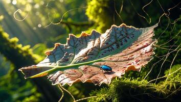 Blue Beetle Walking on Leaf in Mossy Forest with Sun Rays photo