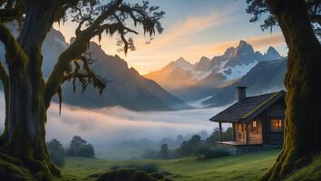 Cabin in Mountain Valley with Foggy Landscape and Warm Light photo