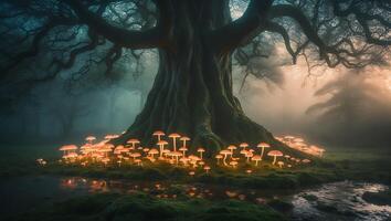 Glowing Mushrooms Under Old Tree Trunk in Foggy Forest Scene photo