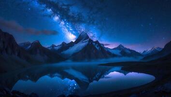 Stunning Mountain Reflection in Lake Under a Starry Night Sky photo