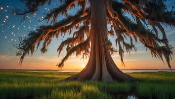 Majestic Tree with Spanish Moss at Sunset Over Grassy Marsh photo