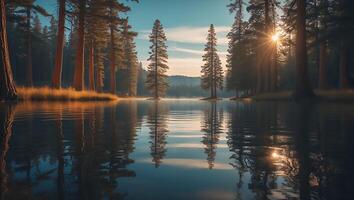 Lake at Sunrise with Tall Trees and Calm Water Reflection Scenery photo