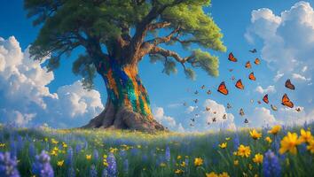 Large Tree with Colorful Trunk and Butterflies Flying in Meadow photo