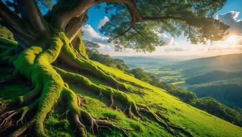 Scenic Vista of Mossy Tree Roots Overlooking Lush Green Valley photo
