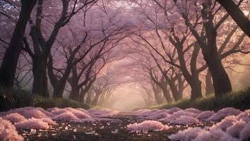 Walking Path Lined with Cherry Blossom Trees and Fallen Petals photo