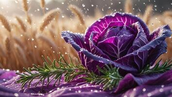 Wet Red Cabbage with Rosemary Sprig in a Wheat Field photo