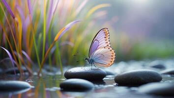 Butterfly Resting on Stone in Gentle Stream with Colorful Plants photo