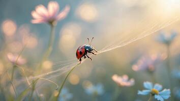 Ladybug Walking on a Spiderweb in a Field of Flowers photo