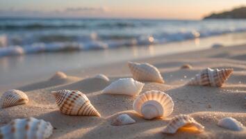 Seashells Scattered on Sandy Beach with Soft Waves at Sunset photo