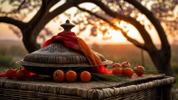 Still Life with Traditional Pot, Tomatoes and Sunset View photo