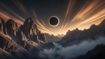 Mountains Eclipse Scenic Sky with Fog and Light Rays photo