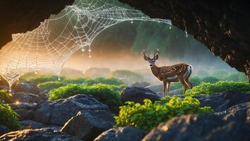 Deer Standing in Foggy Landscape with Dew Covered Spiderweb Nature photo