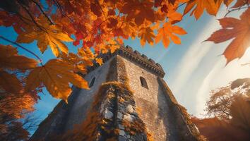 Stone Tower Ascending Amidst Autumn Foliage Against a Bright Blue Sky photo