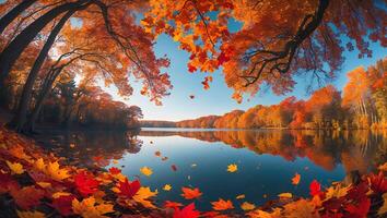 Autumn Leaves Falling Over Calm Lake Reflecting Fall Colors Scenery photo
