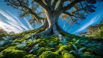 Majestic Tree Spreading Roots Across a Mossy Hill Under Blue Sky photo