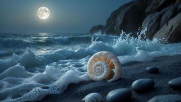 Seashell on Dark Sandy Beach with Waves and Full Moon Night photo