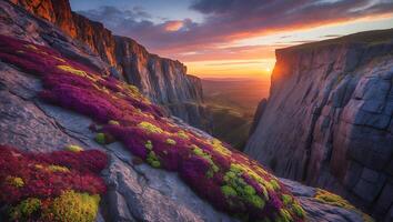 Majestic Mountain Canyon View with Colorful Plants and Dramatic Sunset photo