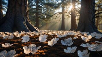Scattered Paper Leaves on Forest Floor with Sunlight Streaming Through Trees photo