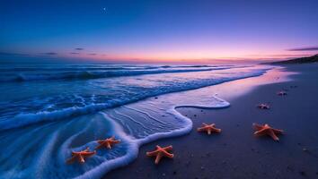 Starfish on Beach at Sunset with Waves and Colorful Sky photo