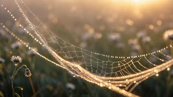 Dew Drops on Spiderweb Weaving Through a Sunny Meadow at Dawn photo