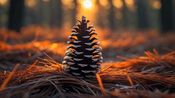 Pinecone on Forest Floor at Sunset Warm Light Background photo