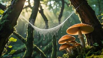 Mushrooms and Spiderweb with Water Droplets in Forest Sunlight photo