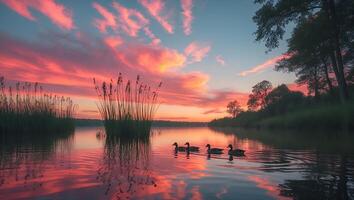 Ducks Swimming on a Lake at Sunset with Reed Reflection photo