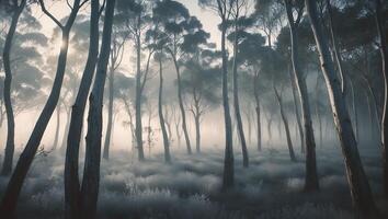 Misty Forest Landscape with Tall Trees and Ethereal Fog photo