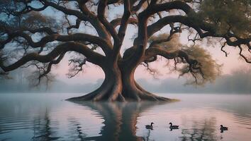 Large Tree in Foggy Lake Water with Ducks Swimming Peacefully photo