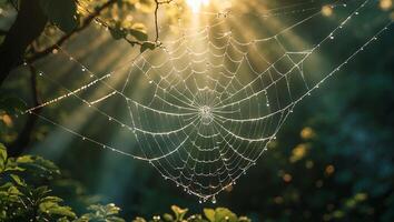 Spiderweb with Morning Dewdrops Shimmers in Sunlight in Forest Setting photo