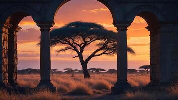 Savanna Tree Silhouette Through Stone Archway at Golden Hour Sunset photo