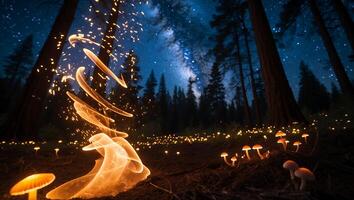 Forest Night Scene with Mushrooms, Stars, and Light Painting photo