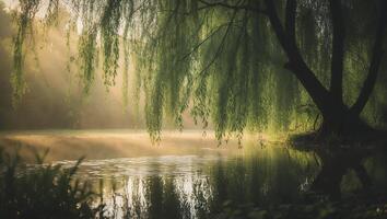 Willow Tree Reflected on Water with Sun Rays and Misty Atmosphere photo