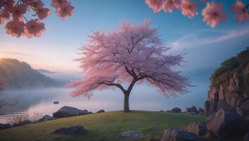 Cherry Blossom Tree by Lake at Sunrise with Mist Landscape photo