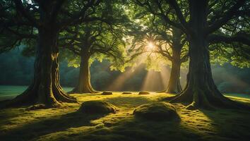 Sunlight Streaming Through Trees Creates an Enchanting Forest Scene photo