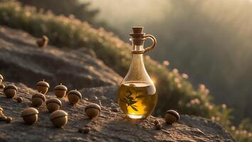 Olive Oil Bottle with Acorns on Rock in Golden Sunlight photo