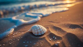 Seashell on Sandy Beach at Sunset with Gentle Waves photo