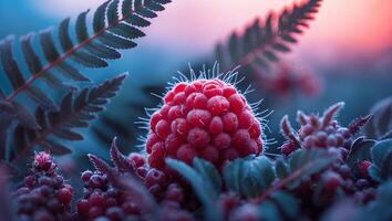 Captivating Raspberry Still Life with Ferns and Dreamy Blue Background photo