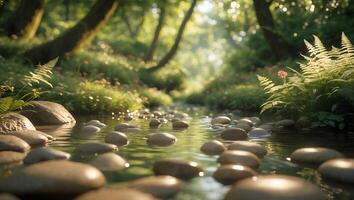 Flowing River Through Lush Green Forest with Smooth Stones photo