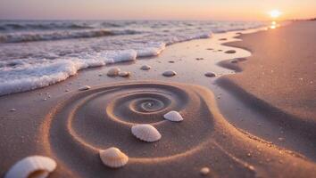 Seashells on Sandy Beach with Spiral Design at Sunset photo